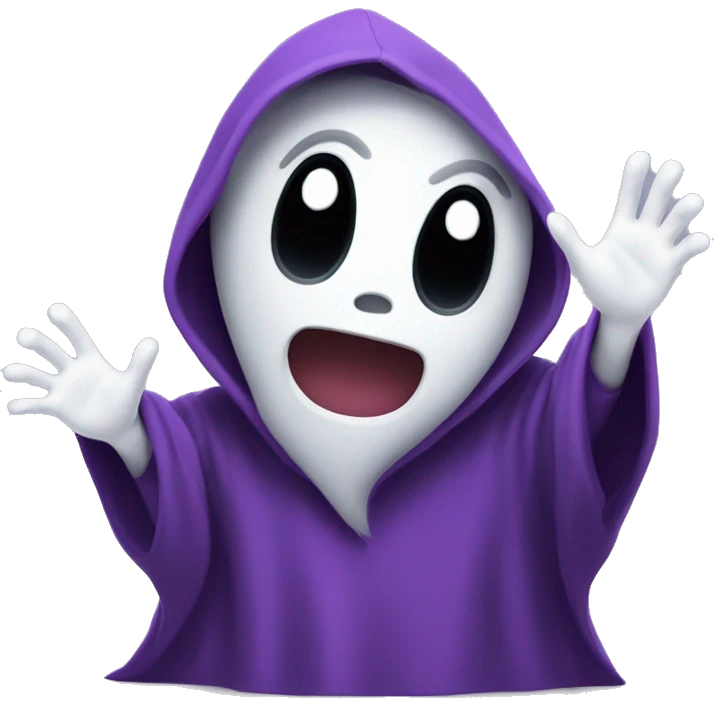 cute ghost with a black and purple hoodie on. waving hands in air can you make it animated emoji