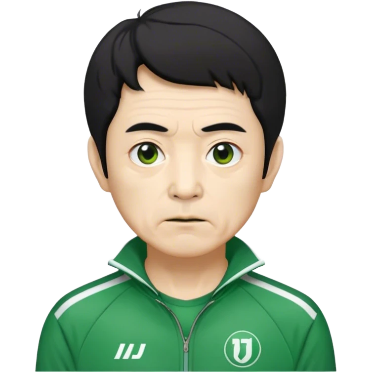 Seong Gi-hun : age 70, skinny and bony face, very small mouth, thick eyebrows deep eyes, unkempt black hair , Green player tracksuit. emoji