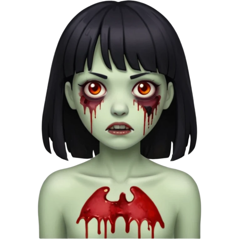 Um zumbi feminino, com cabelo preto e franja, machucados pelo rosto e torso emoji