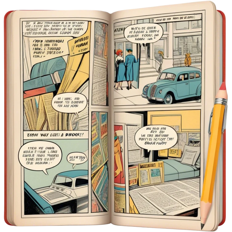 Create a detailed emoji representing the process of writing texts for comic books. The design should feature a large, open comic book with vintage comic strips visible on its pages. A pencil should be shown writing text on one of the comic panels, but without a hand. The pencil should appear as though it is actively creating the dialogue or narration. Use a classic color palette with muted tones for the comic book and brighter accents on the pencil to draw attention to the writing process. Do not include any emojis or smiley faces. Make the background transparent. emoji