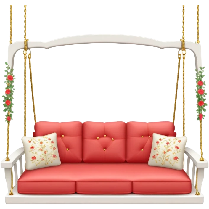 Romantic white wooden pastel-red cushions couch-swing with tiny gold flowers around emoji