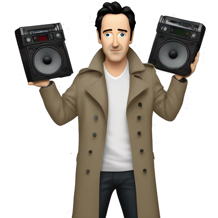 john-cusack-holding-boombox-arms above his head wearing trench coat  emoji