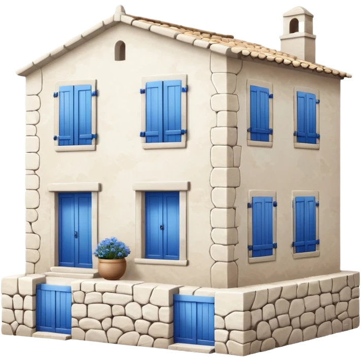 whitewashed stone house with blue shutters, Mediterranean style emoji