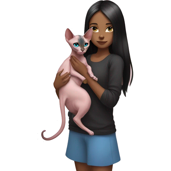 A girl with long black hair holds a pink sphinx cat with blue eyes in her arms emoji