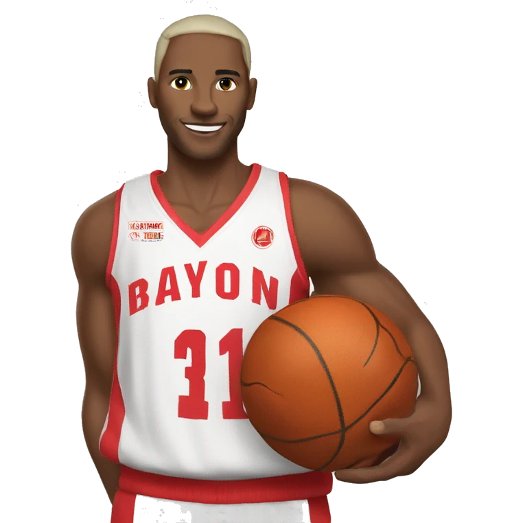 basketball player in a red and white jersey holding a basketball in one hand and showing her 5 fingers with the other.  emoji