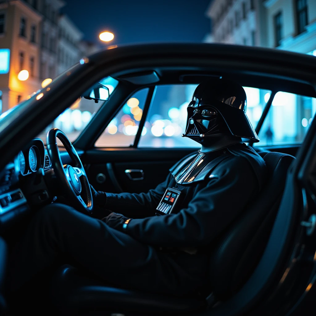 Cinematic shot of a Darth vader sitting in porsche 911, blue and orange lights  emoji