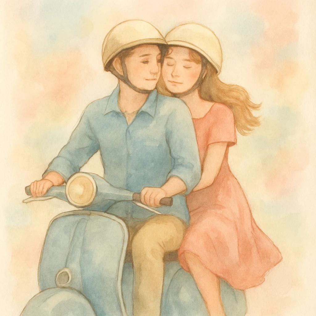 watercolour style, couple on a vintage scooter, pastel background, gentle brushstrokes emoji