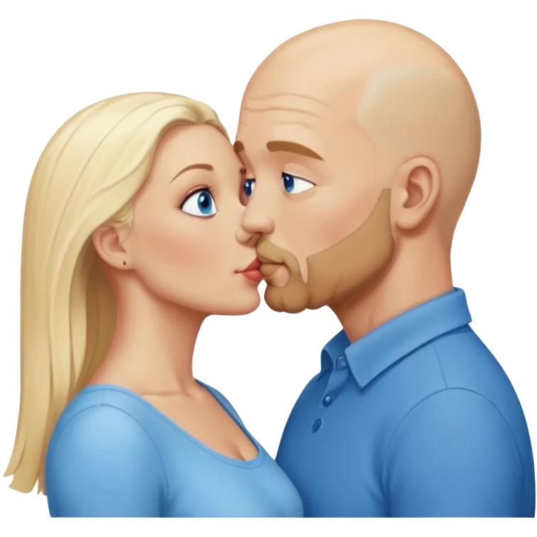 middle age bald man with salt and blonde scruff, blue eyes and blonde woman with blue eyes kissing each other emoji