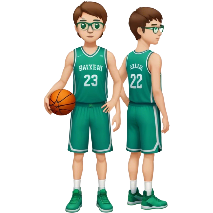 full body  white male basketball player  with brown hair wearing glasses in blue an green uniform emoji