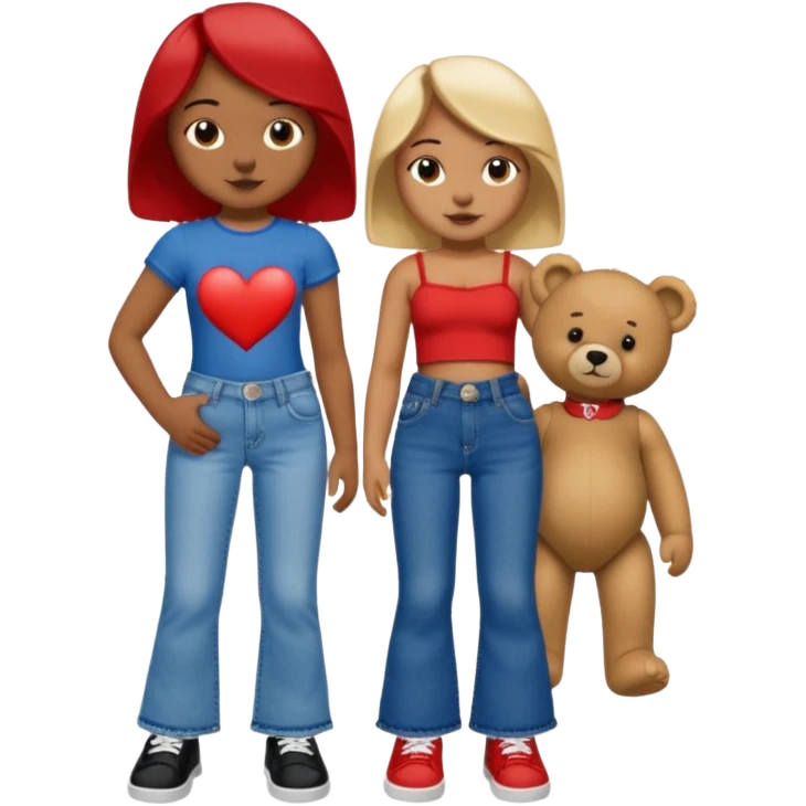 A boy and a girl teddy bear for the boy bear put on true religion shirt and jeans with black shoes and for the girl put flare jeans and a red tube top and white shoes just bears not the humans  emoji