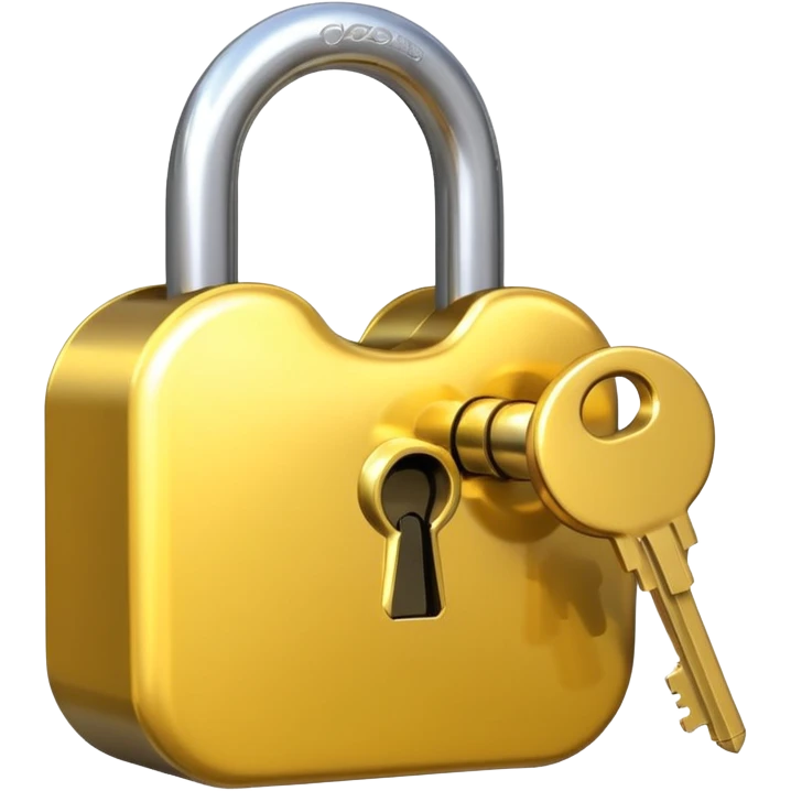 A shiny golden closed padlock with a silver key inserted into the keyhole, centered on a plain background. The lock is smooth and rounded, emoji-like style with clean lines emoji
