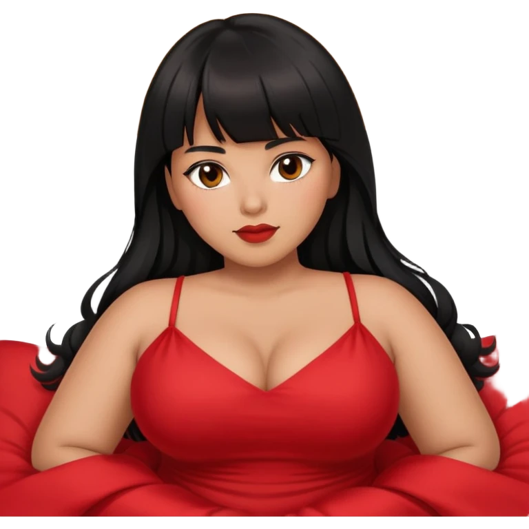 Latina medium skin tone with bangs black long hair plus size sexy red dress laying down in bed emoji