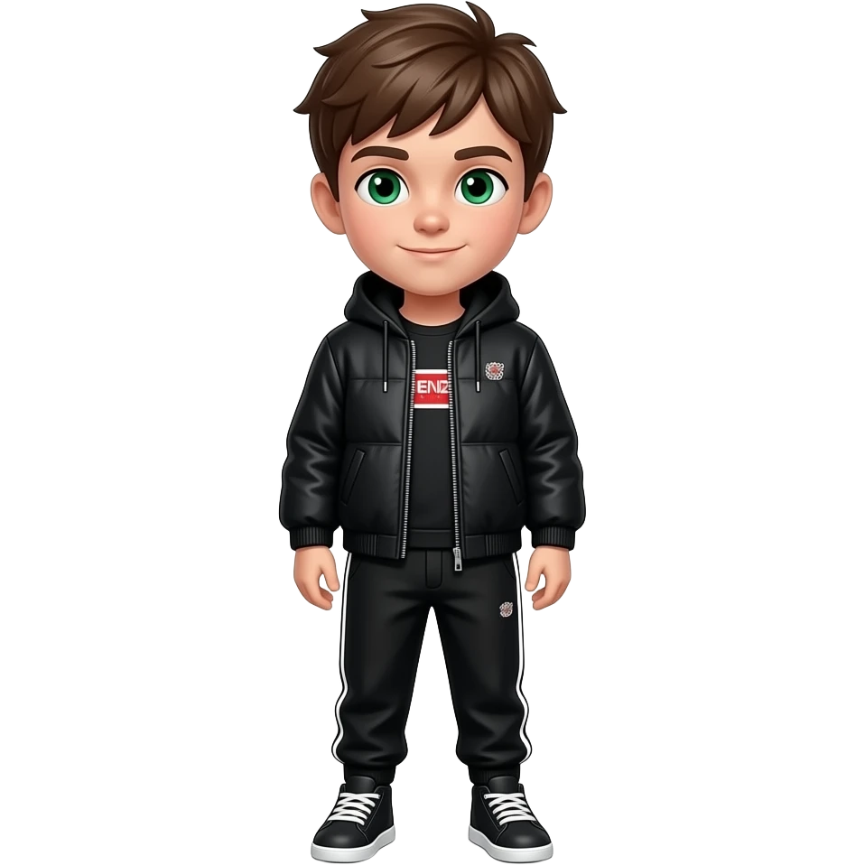un niño que su pelo és marron i sus ojos verdes. Que vaya con una chaqueta kenzo de color negro i que vaya con pantalones de chandal. I que se veaa todo el cuerpo.  Que tenga una chaqueta negra con volumen emoji
