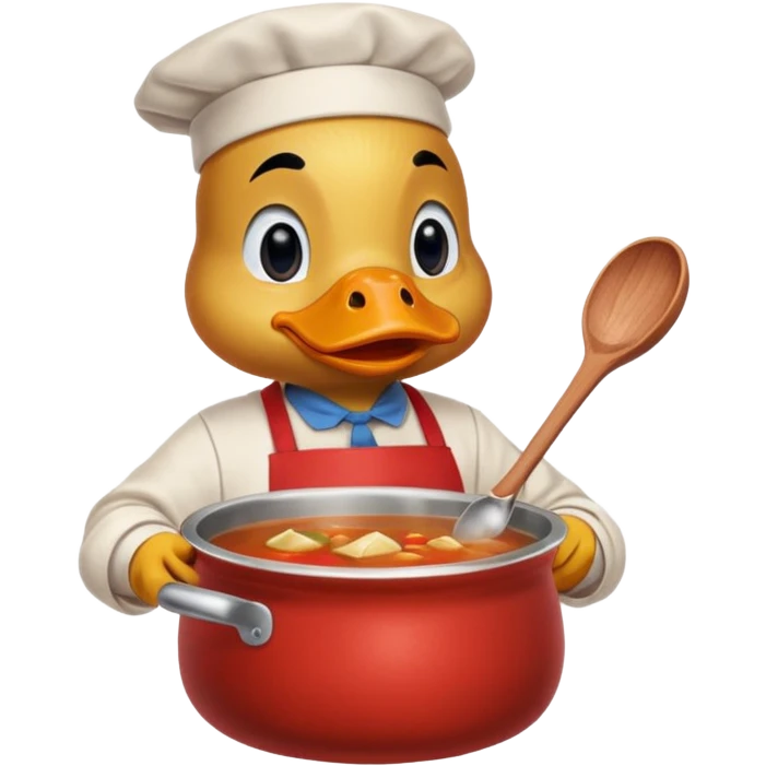 A duck wearing red apron stirring soup in a small pot, looking very focused. emoji