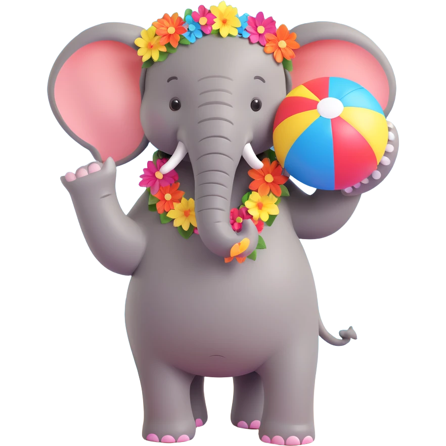 elephant with a beach ball, wearing flip-flops and a floral lei, summer theme emoji