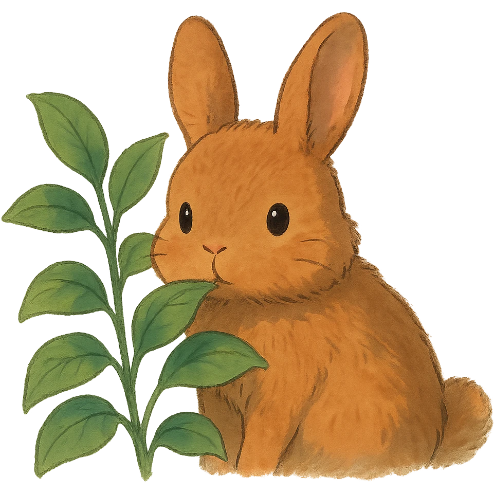 cinnamon bunny peeking behind a plant, soft ghibli style emoji