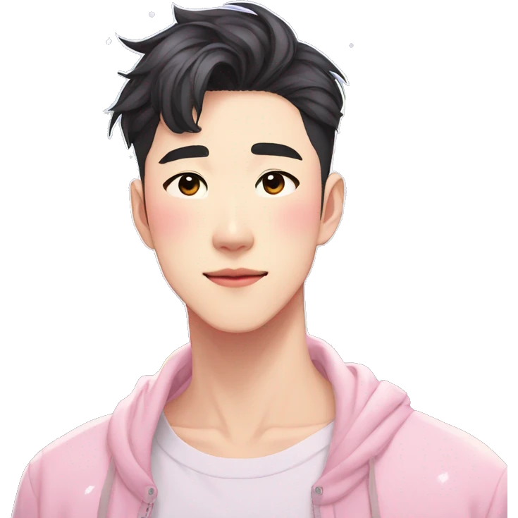 Gorgeous bright sparkly romantic Asian anime pastel guy with blushing face aesthetic trending style outside emoji