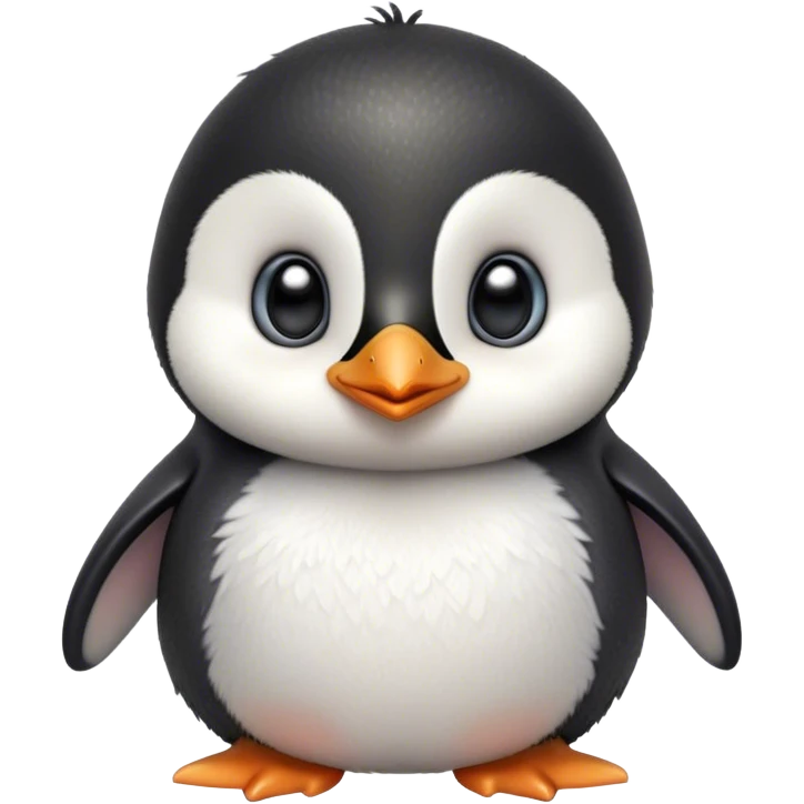 Cinematic Cute Baby Penguin Portrait Emoji, Head tilted playfully and inquisitively, with irresistibly fluffy plumage accented by a tiny beak and round, sparkling eyes filled with wonder, Simplified yet irresistibly adorable features, highly detailed, glowing with a warm, friendly polar glow, high shine, affectionate and lively, stylized with a touch of whimsical charm, bright and endearing, soft glowing outline, capturing the essence of a mischievous yet loving penguin that feels like it could slide out of the screen into your arms! emoji
