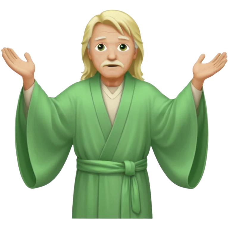 an old man, green eyes, long blonde hair, light green wide, flowing outer robe. opening arms, gazing thoughtfully. Soft light, subtle fern. Waist-up, profile. emoji