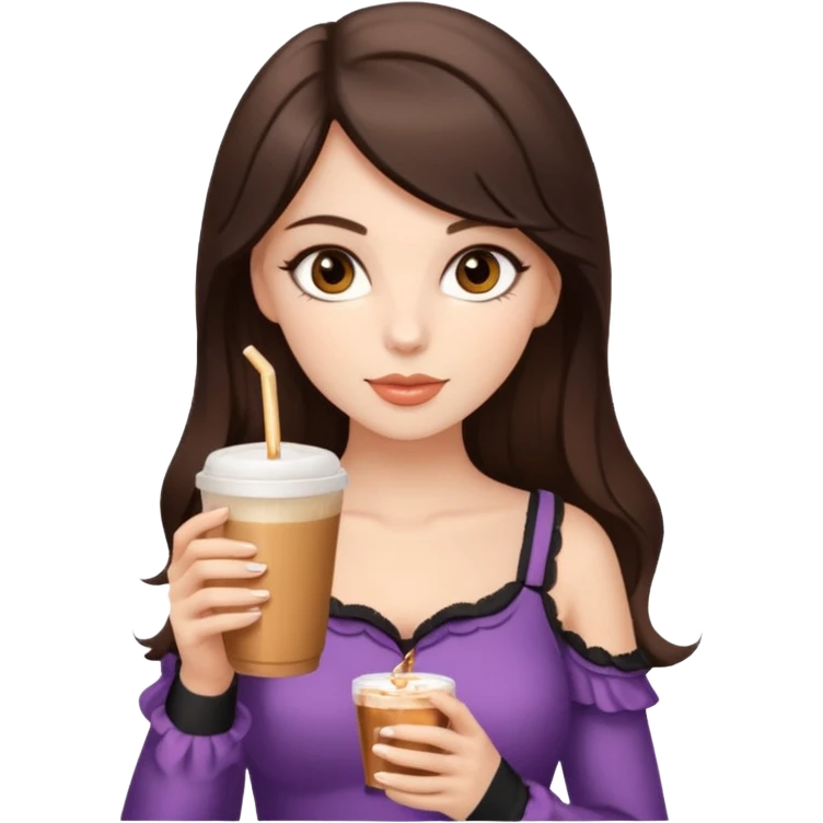 white brunette with brown eyes and a coquette outfit, drrinking caramel machiatto emoji