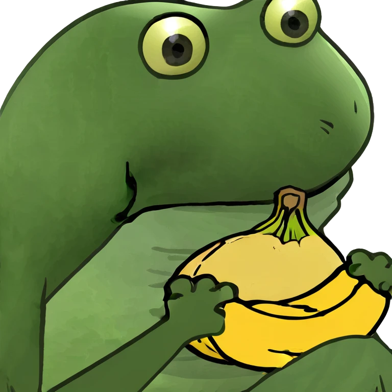 close-up of Pepe the frog eating a banana, bufo style meme emoji