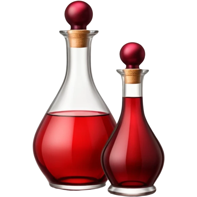 Red wine vinegar and oil bottles, elegant glass, dark brown to ruby, round or square base, slender neck, cork or metallic cap, dark glass, reflections, 3D clean style, transparent background, optimized for emoji size emoji