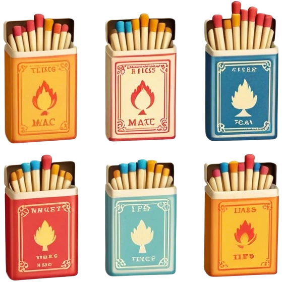 Icon for Matchbox Collecting: a collection of colorful vintage matchboxes arranged in a row, with the match tips visible on the sides. The icon should highlight the unique design and charm of the matchboxes from various places. Transparent background. emoji