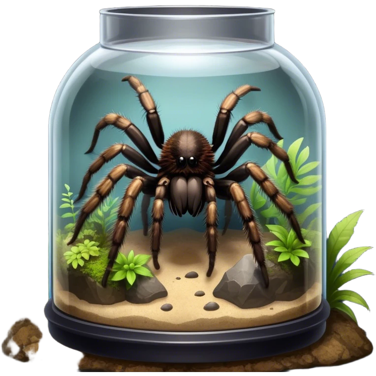 Close-up collage of a pet spider like tarantula, inside a large terrarium. Soft natural lighting highlights their textures and details. Transparent background emoji
