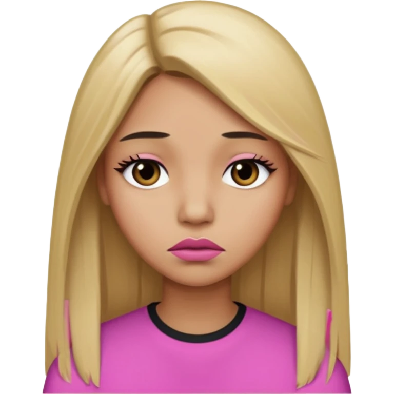 Mujer color de piel moreno claro, con cabello rubio largo, lacio y suelto, ojos negros, labios color rosita, triste  emoji