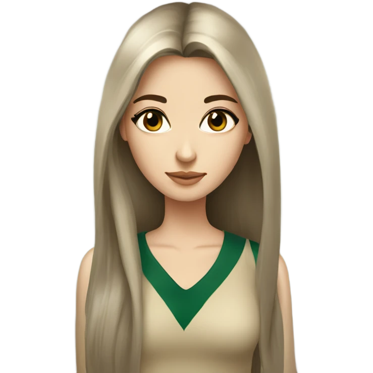 a beautiful russian girl with dark green and very long dark brown hair and a beige top   emoji
