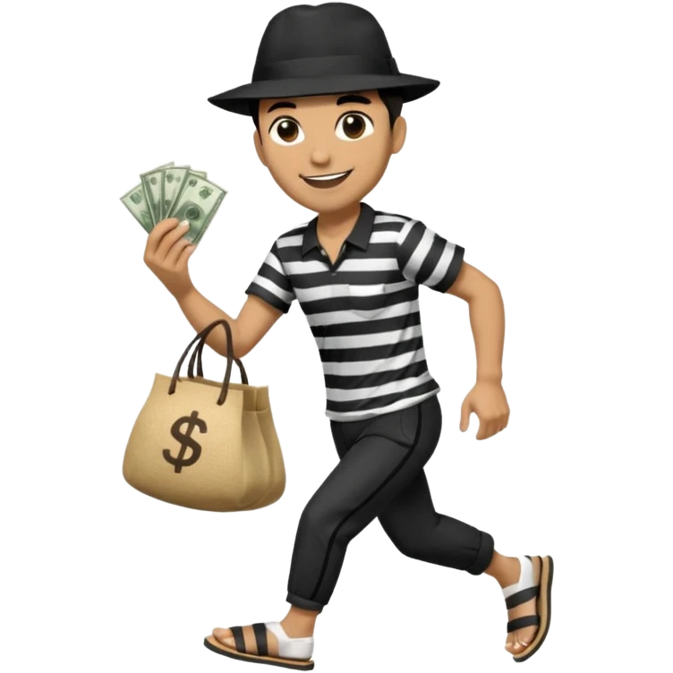 Make a man wear a black pant and he shirt is balck line and white line and wear a black hat and he holding a money bag and he running he wear a black eye thing no money in the Left hand and he yellow and the money bag in the right he wear a flip flop like this is Money bag 💰 NO MONEY emoji