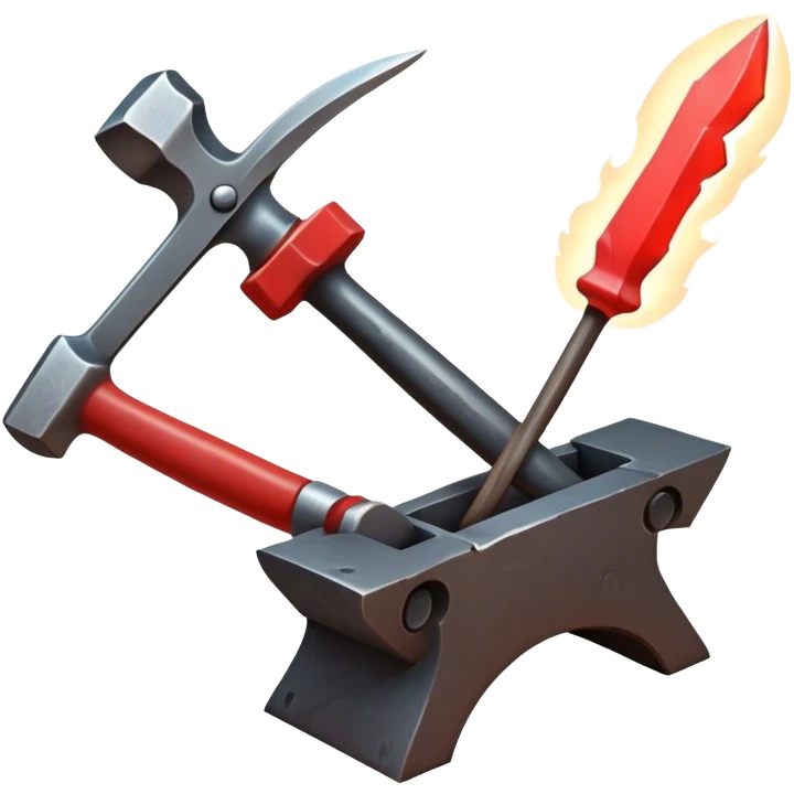 Blacksmithing icon, forged metal piece being shaped with hammer and anvil, glowing red-hot metal, blacksmith tools like tongs and chisel, sparks flying, minimalistic style, clean lines, transparent background. emoji