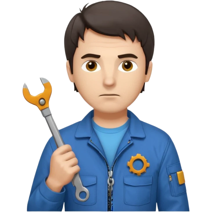 Calm and independent male technician, Caucasian features, short tousled dark hair, serious but composed expression, wearing a blue work jacket over a grey t-shirt, holding a wrench in one hand and a mechanical gear in the other, waist-up, front-facing emoji