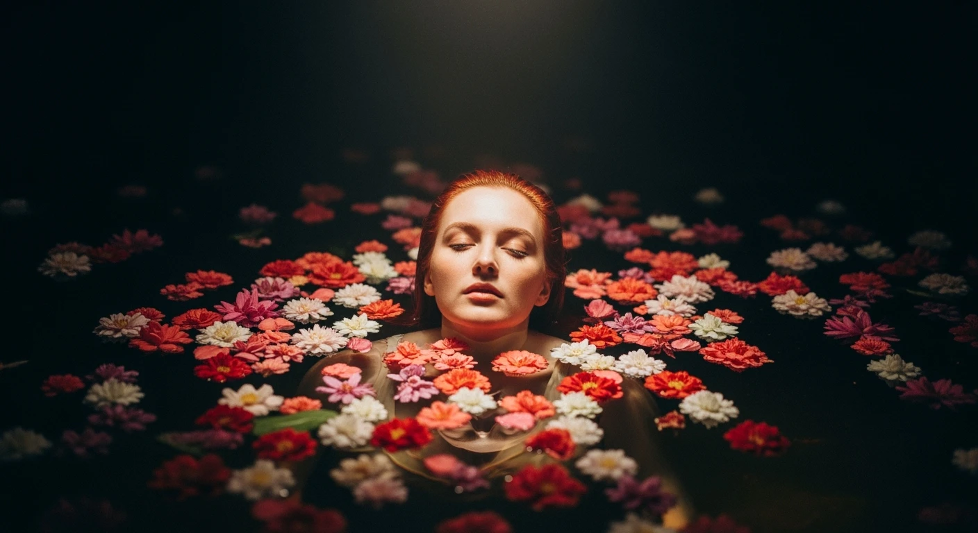 Camera drom top, Motion blur Extreme Closeup photo of a beautifull woman lay around beautifull colorfull flowers in water, cinematic light, 8K, very detailed, sharp, depth (foreground, midground, background) Spotlight, dark environemnt emoji