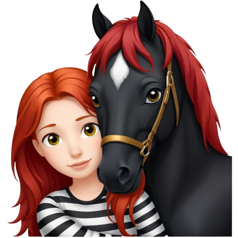 A red-haired girl with long hair in the form of a rider hugs a black horse with a white stripe on her face and he has a black mane emoji