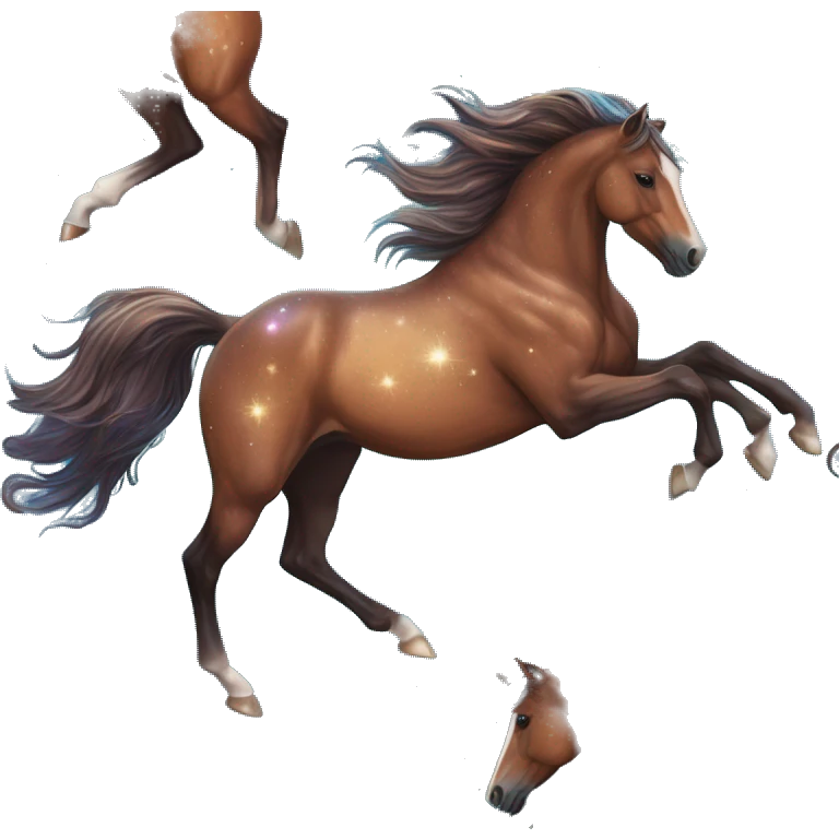 Ethereal glittering iridescent rich chestnut brown brindle blue mane horse galloping through constellations and nebulas, unicorn Pegasus emoji