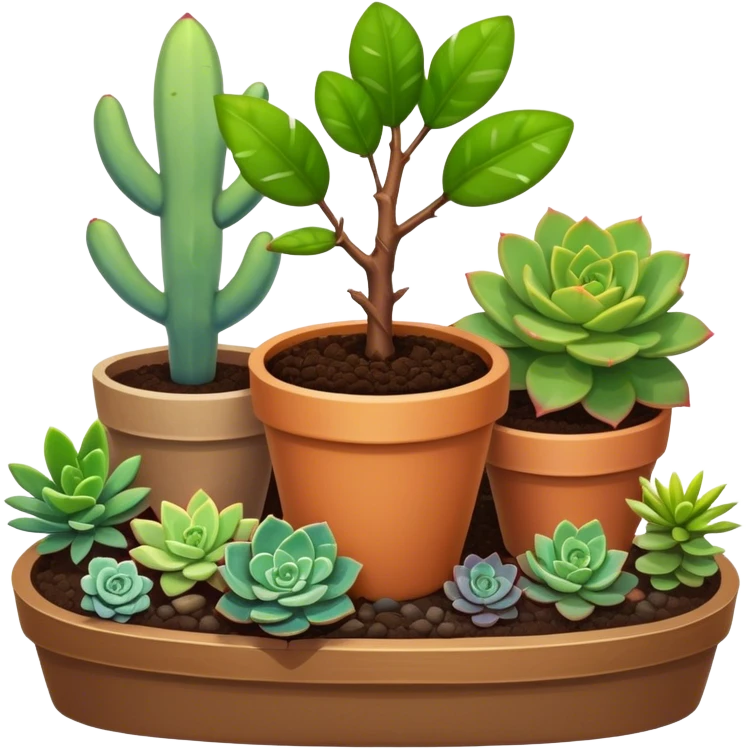Close-up of a potted sapling in rich soil surrounded by vibrant plants and succulents. Bright sunlight filters through the window, casting soft shadows. Nearby gardening tools rest on a wooden table. Cozy indoor atmosphere with greenery and flowers. emoji
