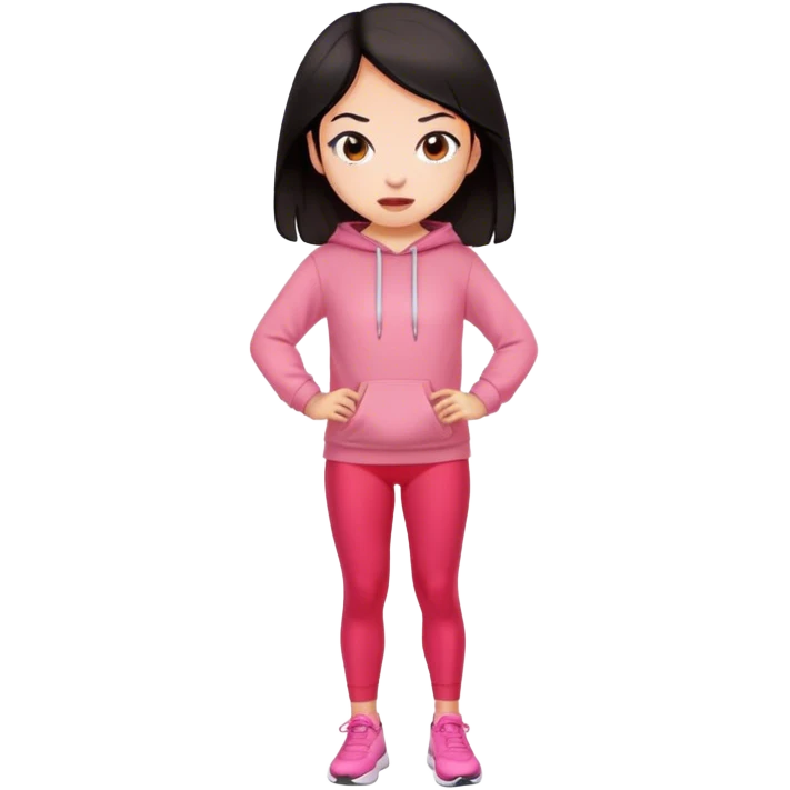 chica pelinegra con ropa de gym licra roja y buzo rosa  emoji