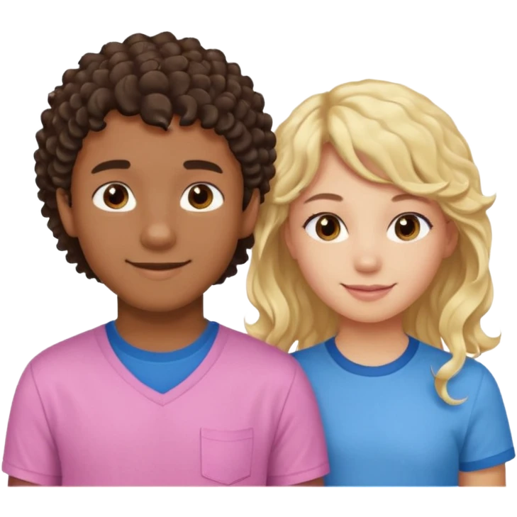 Menino de pele morena de olho castanho meio preto e cabelo cacheados ralo e blusa azul e menina loira de cabelos longos e franja na testa sorrindo com blusa rosa emoji
