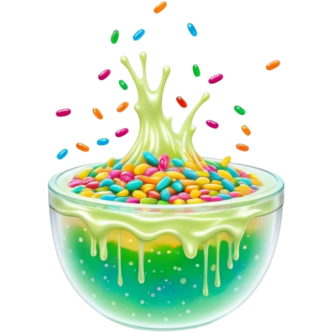 Cinematic Realistic Clear Slime Mixed with Sprinkles, ultra-transparent with suspended colorful candy-like specks, light refracting through each tiny piece, soft gelatinous texture catching highlights, stretching and bending in a mesmerizing way, glowing with a magical, almost surreal quality. emoji