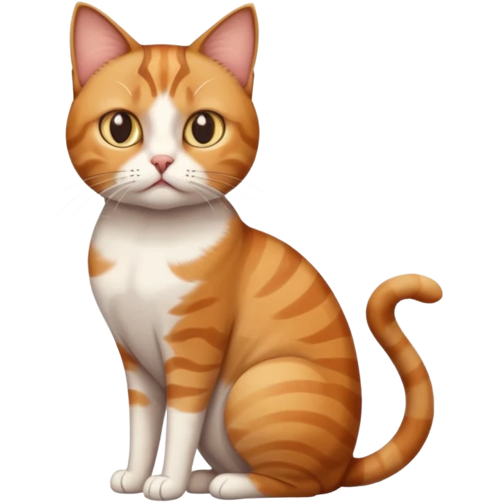 full body white, ginger and brown tabby calicio cat with skinny head and fat body with an anxious face emoji