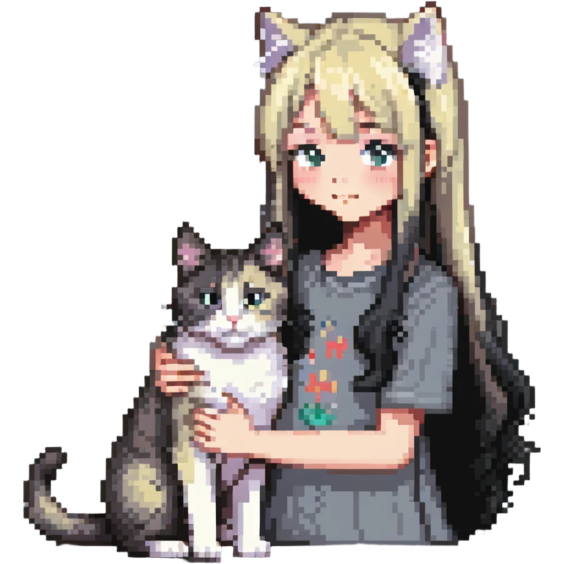 Beautiful girl with long black hair petting a gray and blonde mixed cat emoji