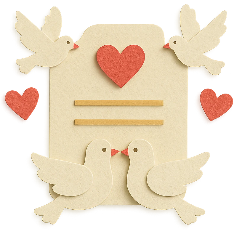 wedding invitation with hearts and doves, paper craft style emoji