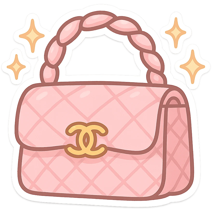 pink Chanel purse with sparkles around it, cute and exaggerated chibi sticker style emoji