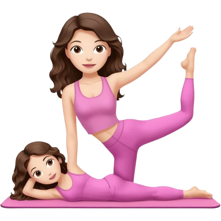White, brown -eyed, brunette cute feminine lady emoji with wavy long hair doing pilates wearing pink pilates fit emoji