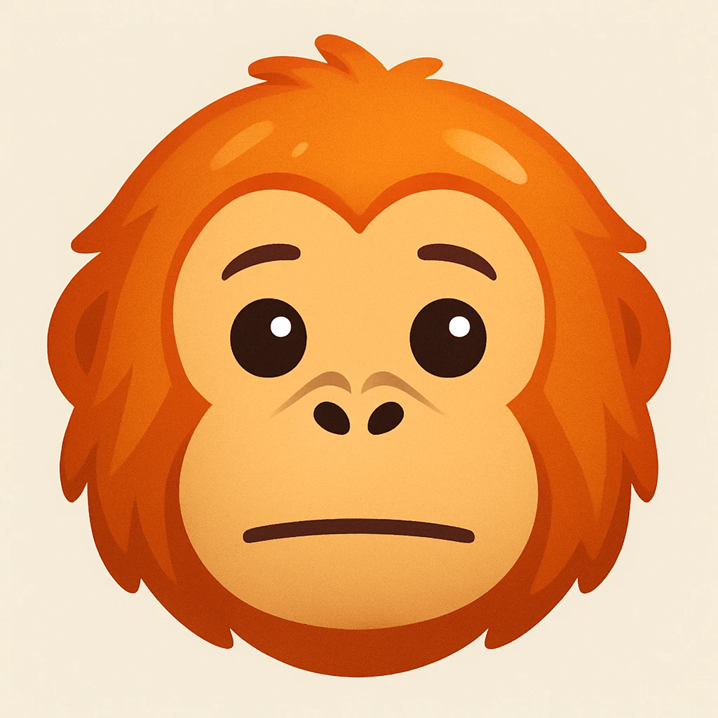 Create an orangutan face emoji similar to the reference image. The style should be simplified, expressive, with orange fur, emoji-like, and add a soft highlight to the fur. emoji