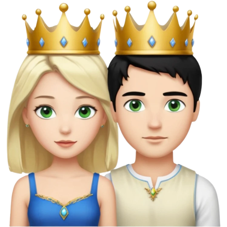 Prince with crown, black hair, blue eyes, woman blonde hair, green eyes, sexy white short sleveless dress,  emoji