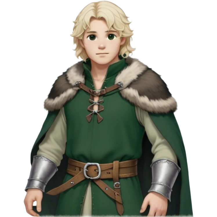 Medieval winter outfit worn by a DnD themed fantasy male character. Double-layered forest green wool tunic with bear fur lining, decorated with pewter toggle closures and a thick woven belt. Clothes only above the waist, full waist coverage. The character has no arms. Character is white-skinned with pale blonde hair, steel gray eyes, and medium-length wavy hair with frost-tipped ends emoji