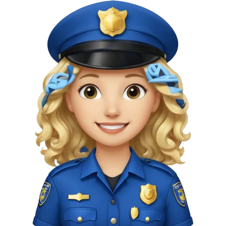 Female POLICE IN blue, long blonde curly hair, happy smile emoji