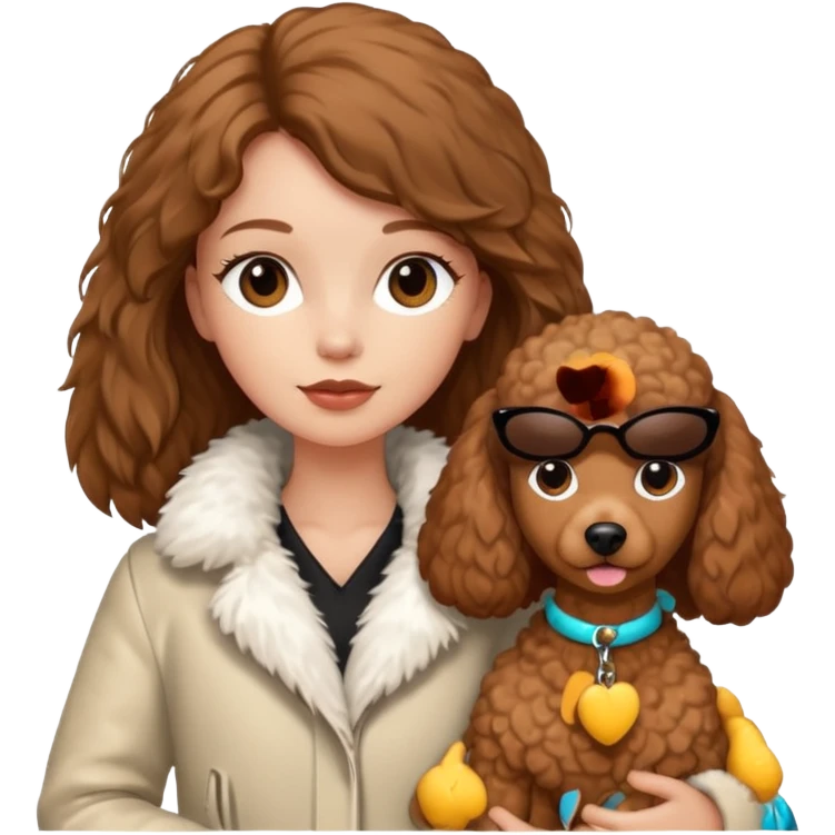 A white girl with a long brown straight hair and wearing a fur white jacket holds a brown poodle emoji